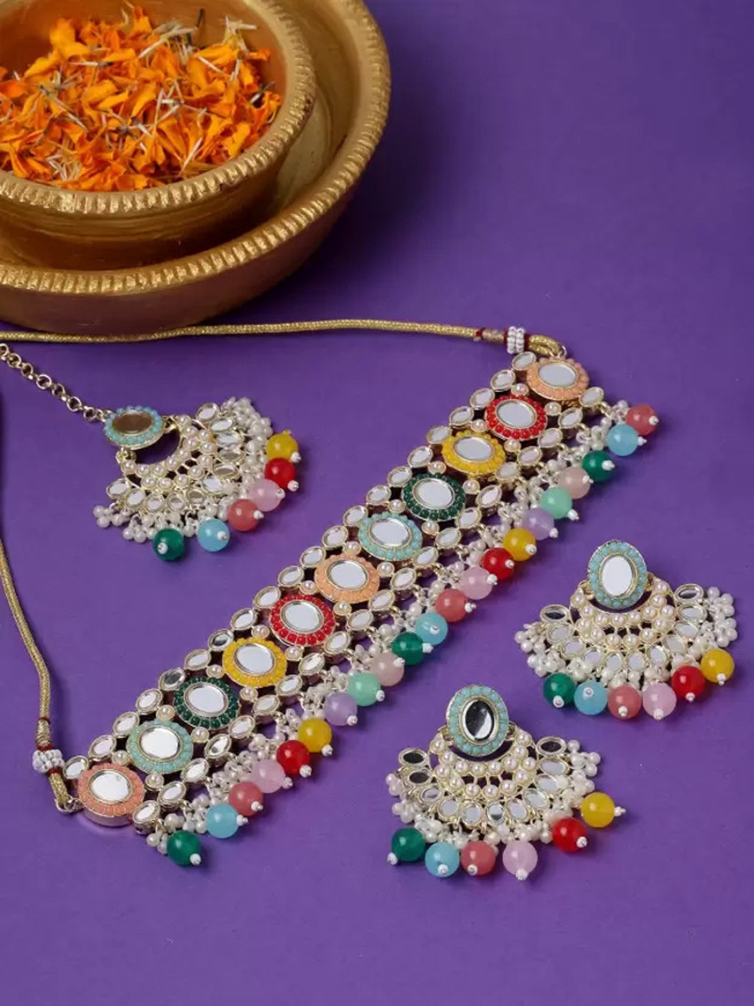 

SUNHARI Gold-Plated Stone Studded & Beaded Jewellery Set