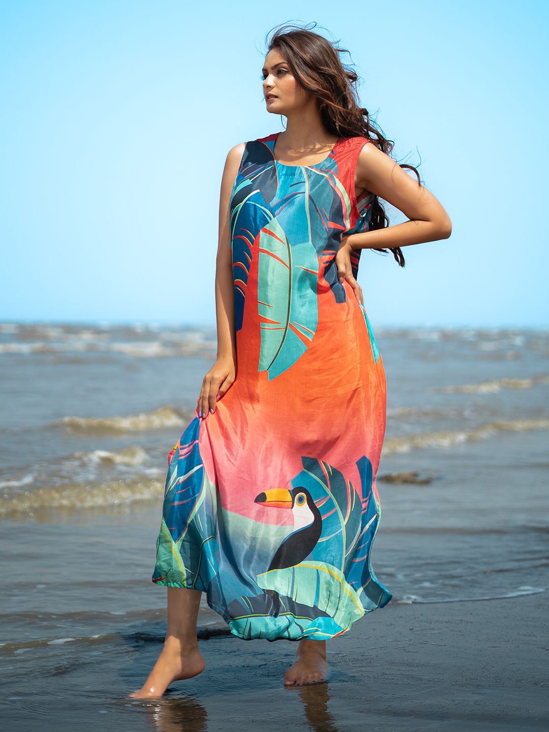 

EARTH O FAB Women Printed A-Line Maxi Dress, Orange