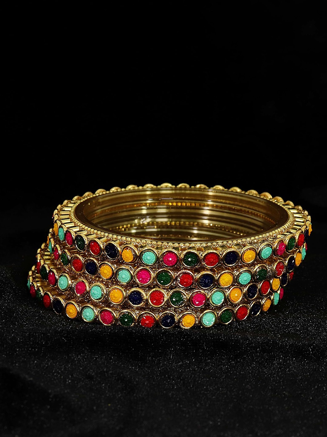 

ZULKA Set of 4 Golden Zircon Stones & Beads Studded Glass Bangles, Gold