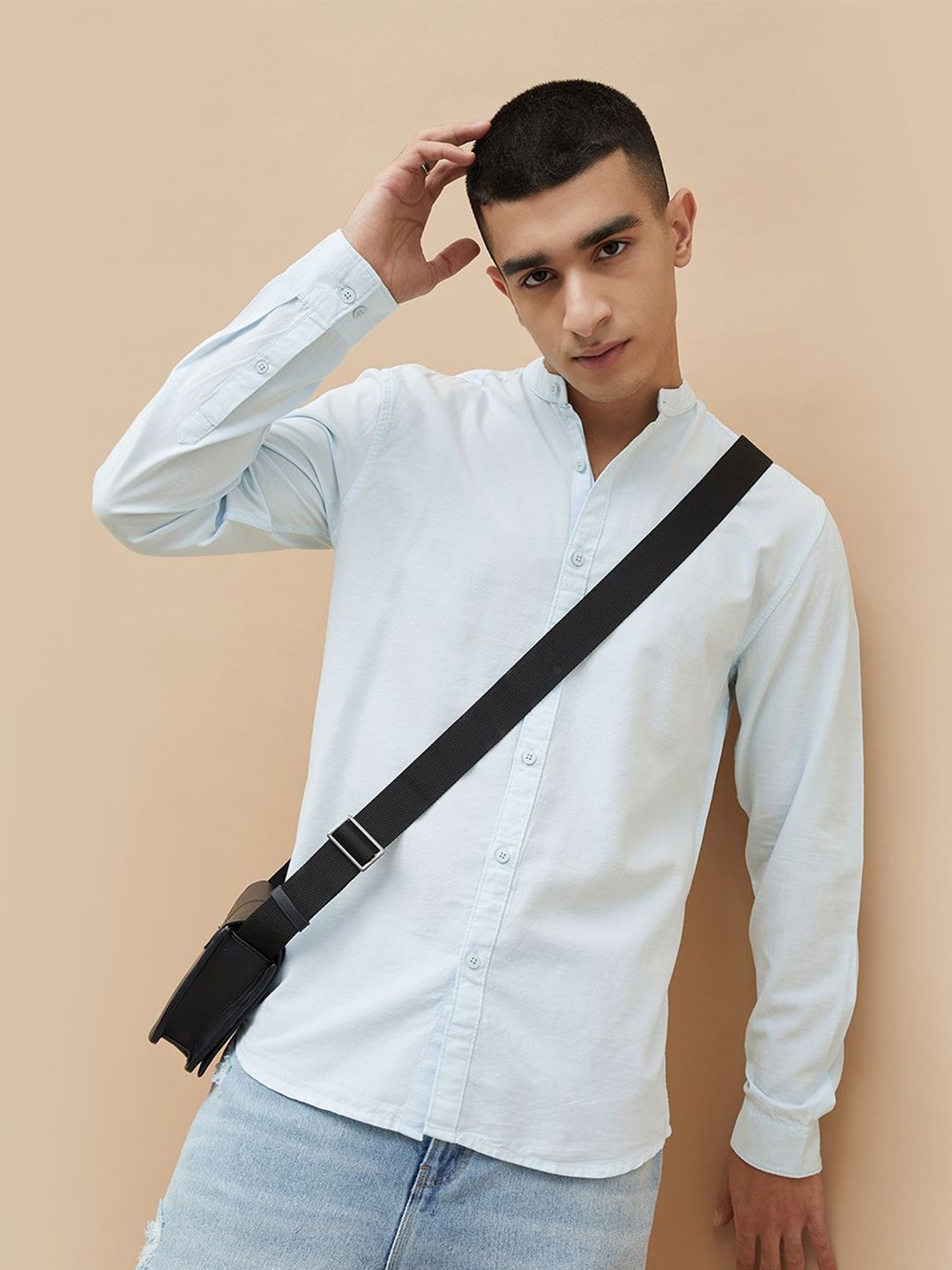 

Fame Forever by Lifestyle Men Band Collar Solid Cotton Casual Shirt, Blue