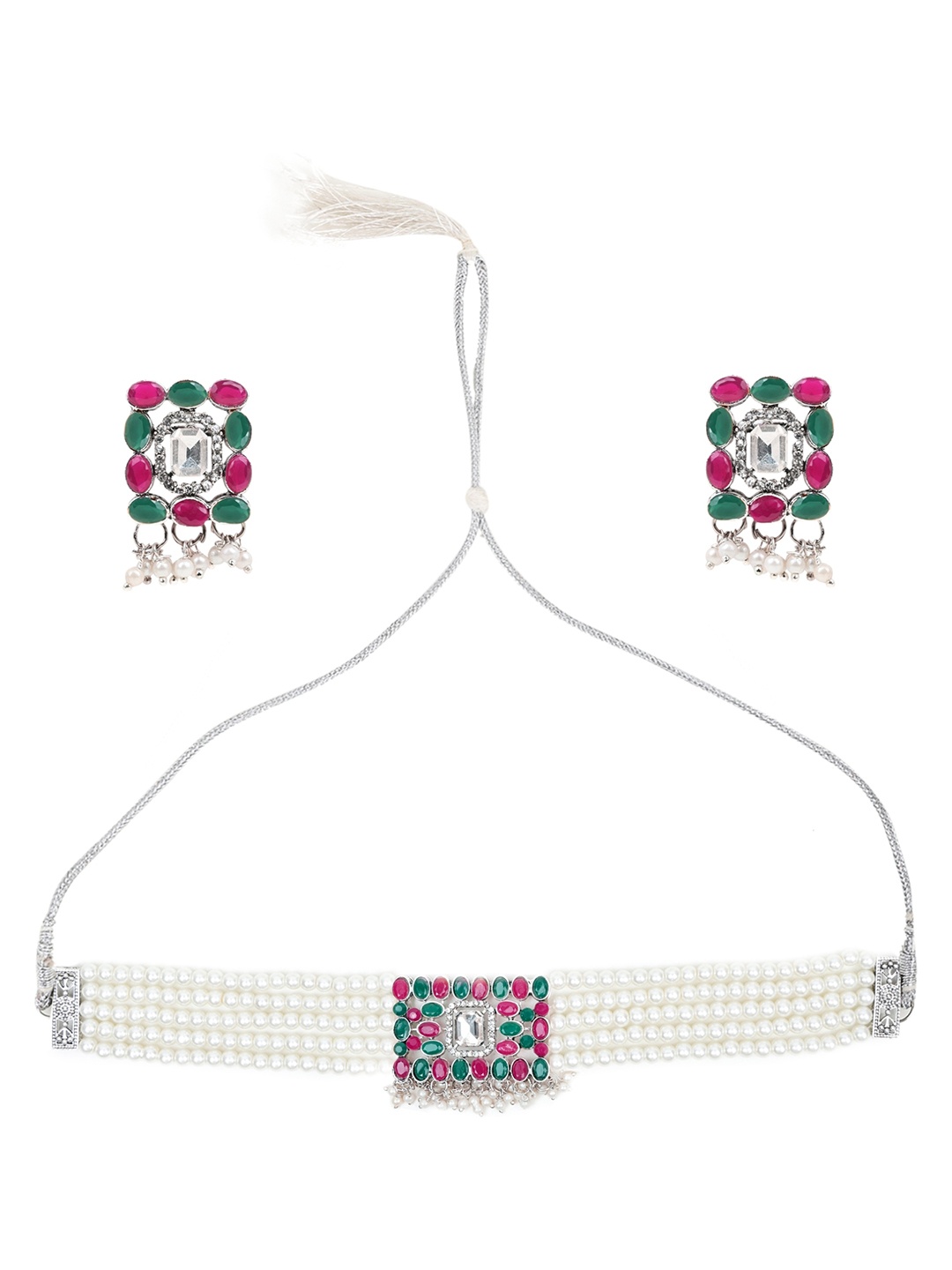 

SUNHARI Stone Studded & Beaded Jewellery Set, Silver