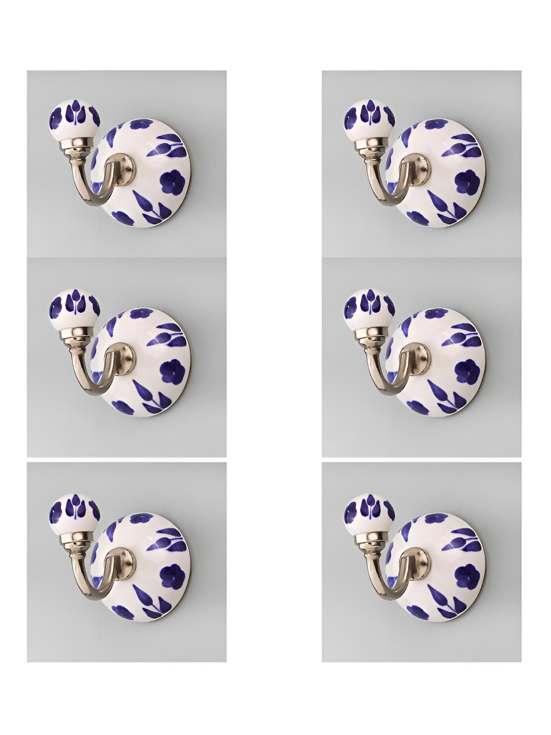 

IndianShelf White & Blue 6 Pieces Floral Printed Ceramic Wall Hooks