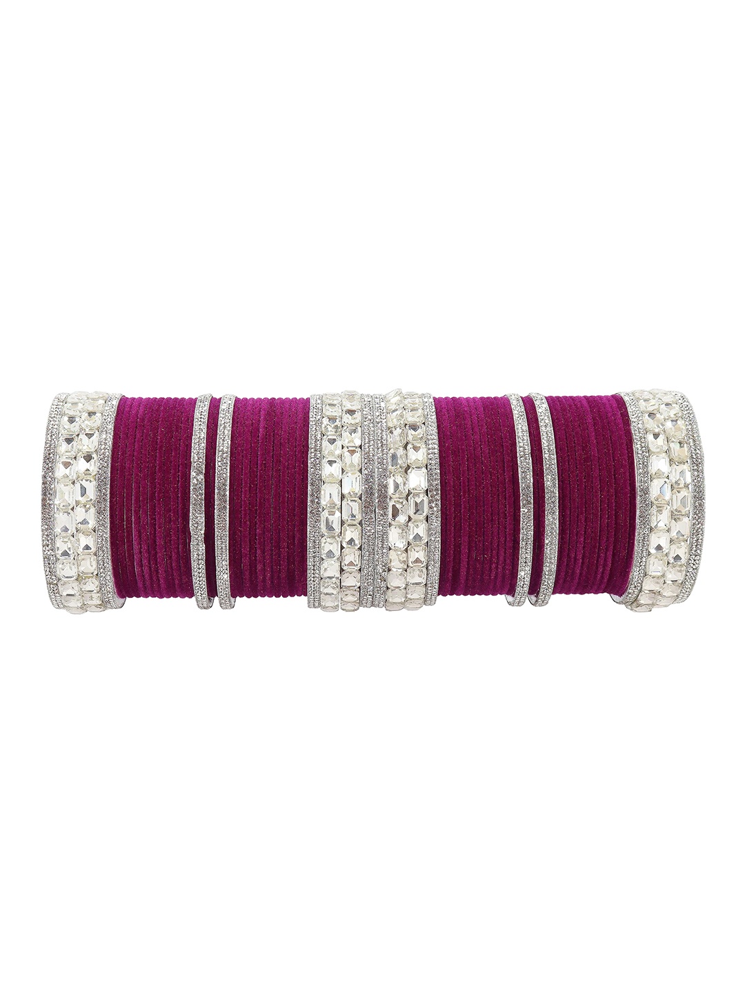 

ZULKA Set of 52 Alloy Metal with Zircon Gemstone Pearls & Velvet Studded Bangles, Magenta
