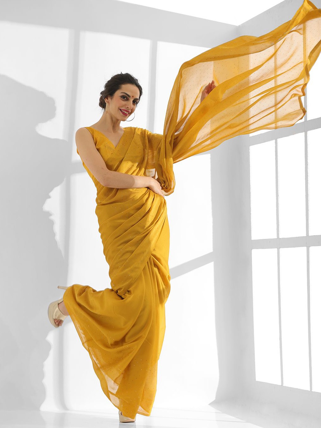 

Mitera Embellished Beads and Stones Pure Chiffon Saree, Mustard