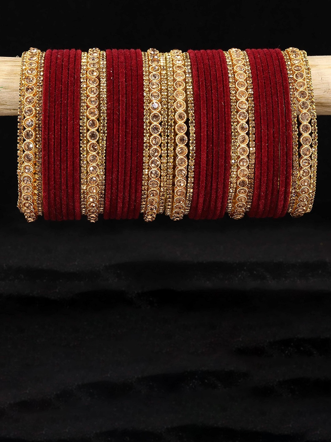 

ZULKA Set Of 42 Gold-Plated Artificial Stones and Beads Studded Bangle, Maroon