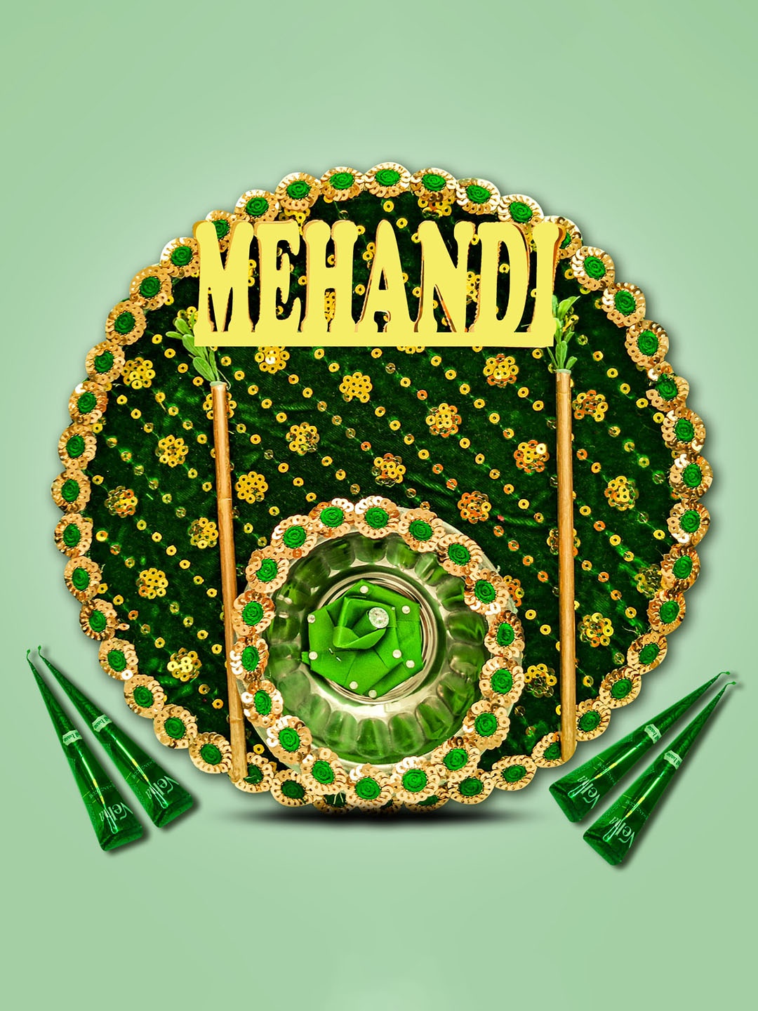 

ME & YOU Green & Yellow Embroidered Mehendi Thali Set With 4 Pieces Mehendi Cones