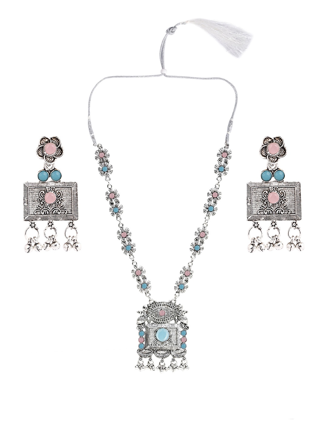 

SUNHARI Silver-plated Stone Studded & Beaded Oxidised Jewellery Set, Pink