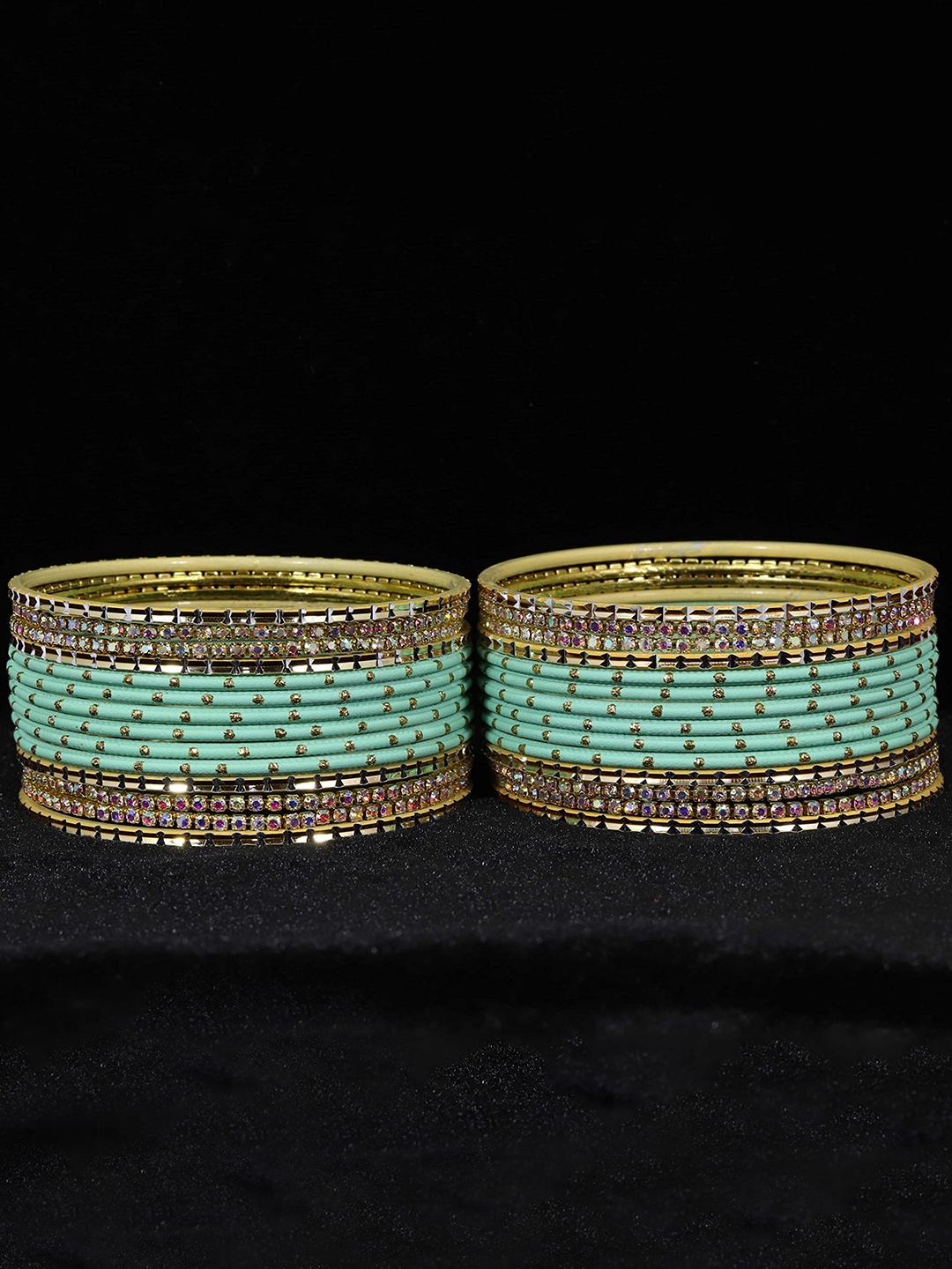 

ZULKA Set of 28 Zircon Gemstone Studded & Pearls Beaded Bangles, Green