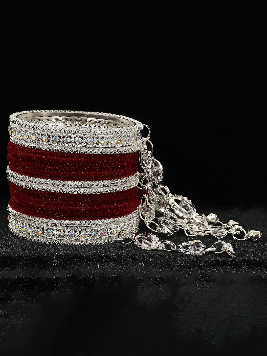 

ZULKA Set of 40 Stone Studded Metal Bangles With Latkan, Red