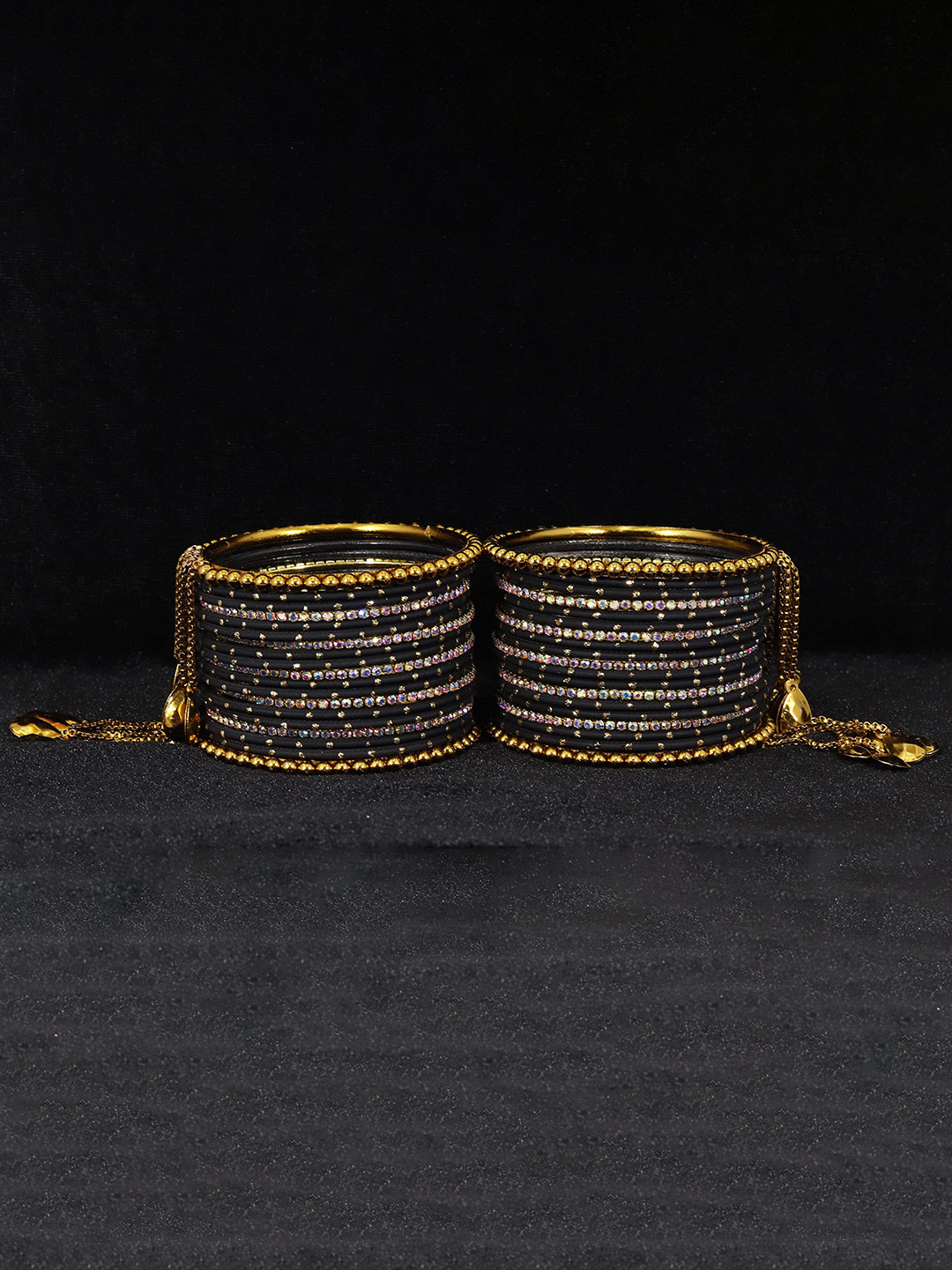 

Set of 38 Zari Dotted Rainbow Zircon Gemstone Metal Bangles, Black