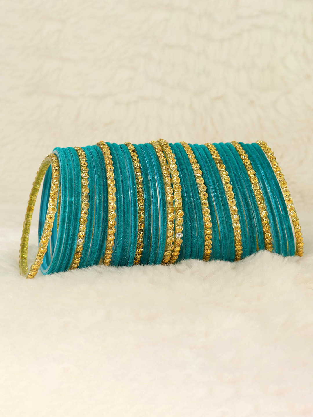 

ZULKA Set of 34 Turquoise Blue & Gold-Toned Stone-Studded Velvet Bangles