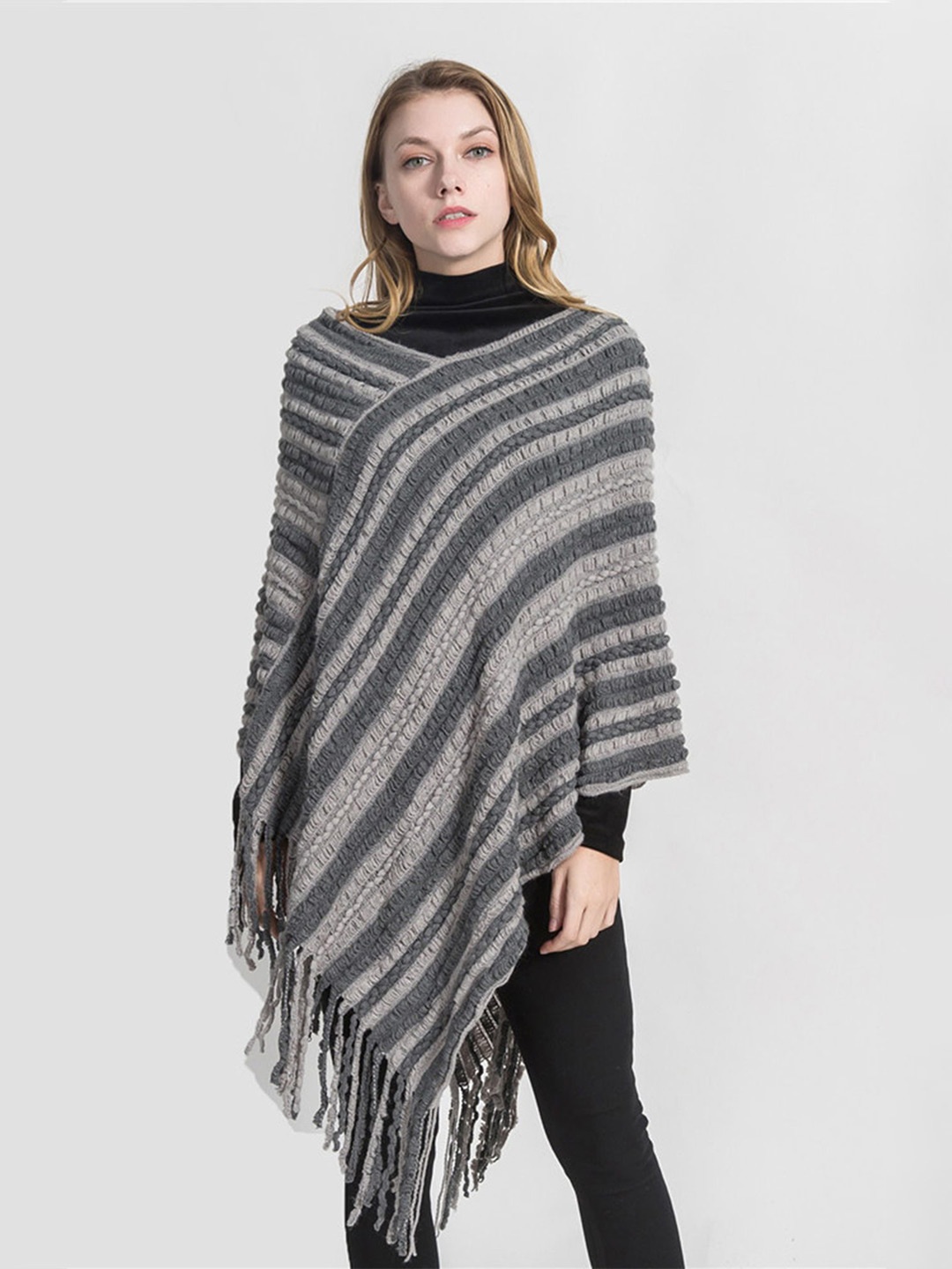 

LULU & SKY Women Striped Waterfall Shrug, Grey