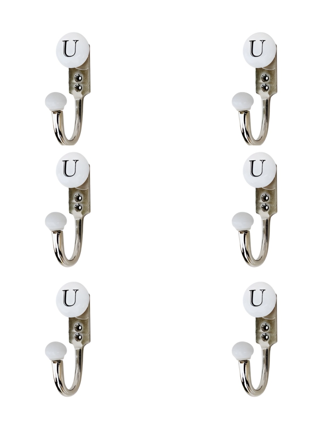 

IndianShelf White & Black 6 Pieces U Letter Printed Ceramic Zinc Wall Hooks