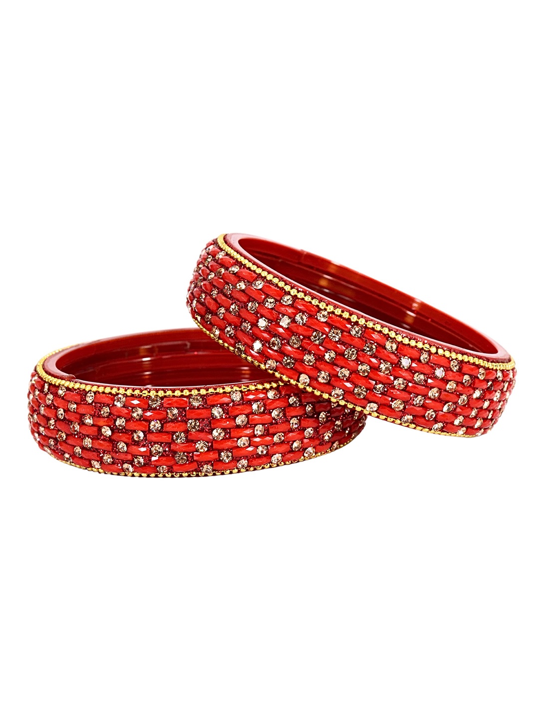 

ZULKASet of 2 Golden Glass Zircon Diamond & Beads Work Kada Bangles, Red
