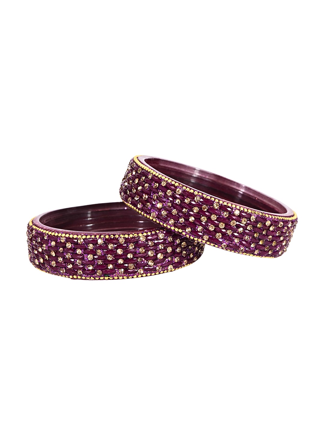 

ZULKASet of 2 Golden Glass Zircon Diamond & Beads Work Kada Bangles, Purple