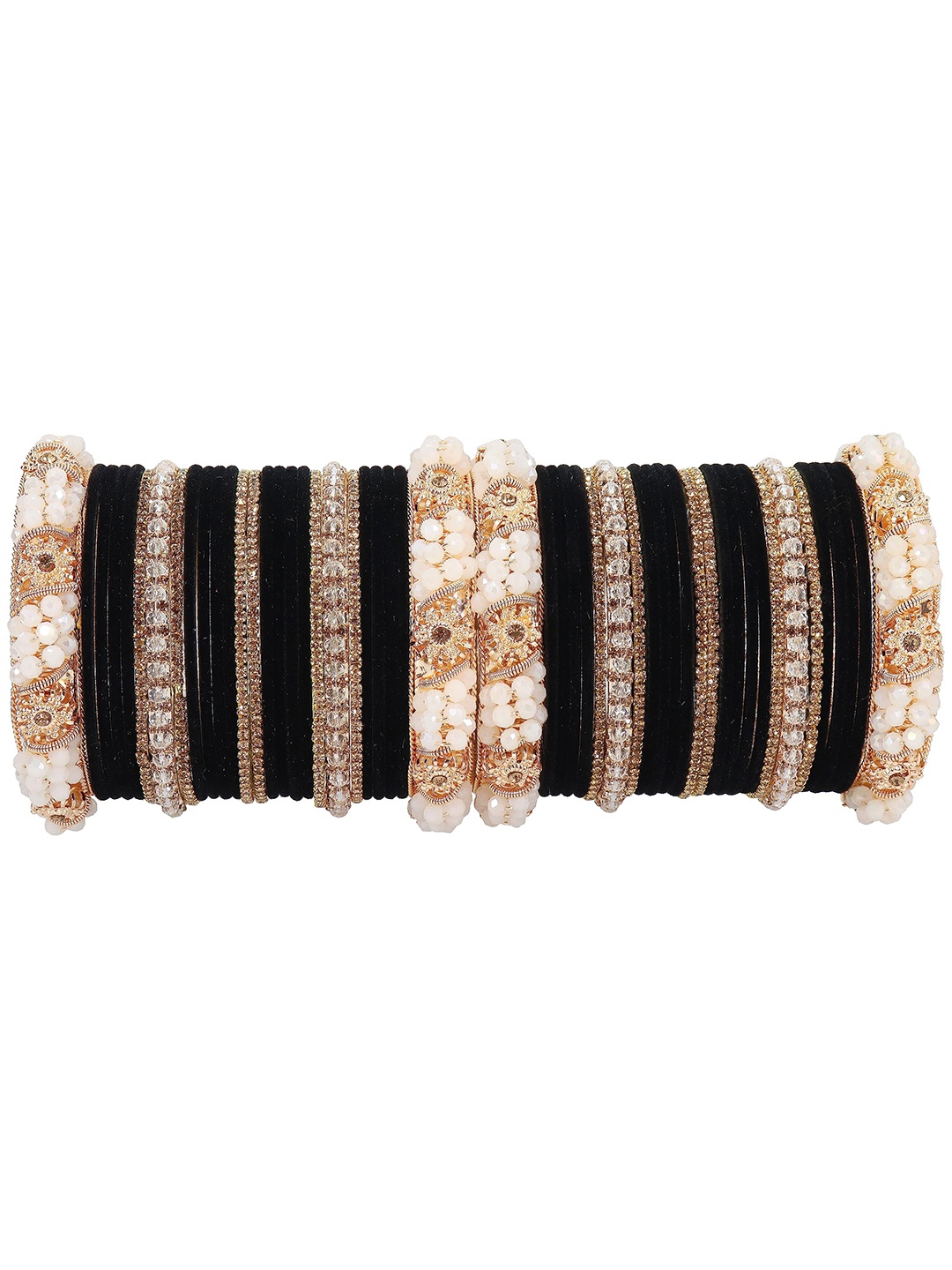 

ZULKA Set of 52 Alloy Metal with Zircon Gemstone Pearls & Velvet Studded Bangles, Peach