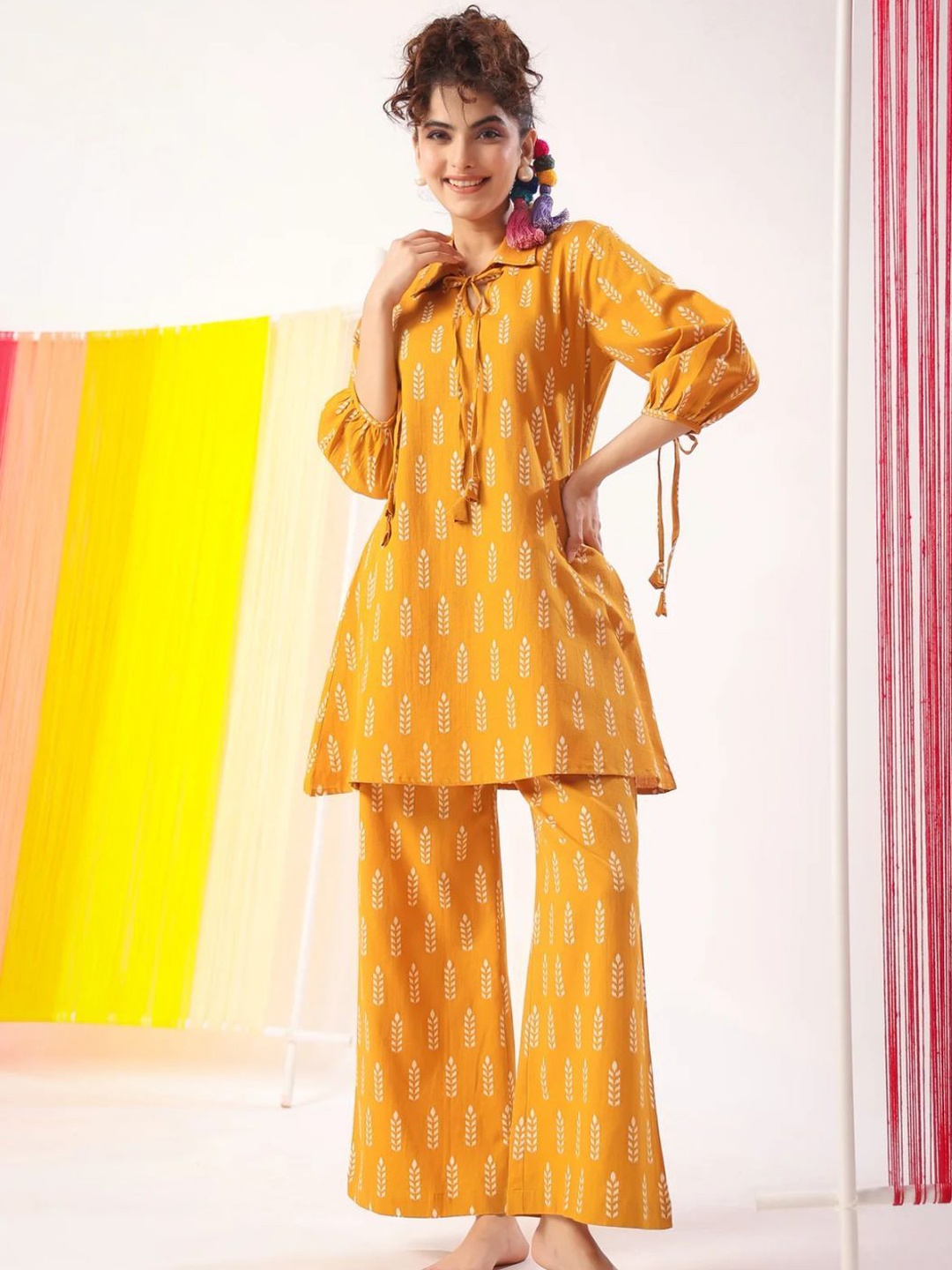 

NIJANAND TEXTILE Shirt Collar Floral Printed Pure Cotton Kurta With Trousers, Yellow