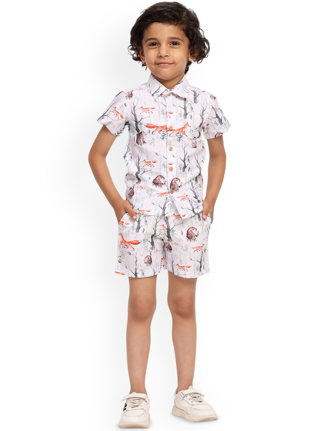 

Funny Bones Clothings Boys Printed Short Sleeves Linen Shirt With Shorts, White