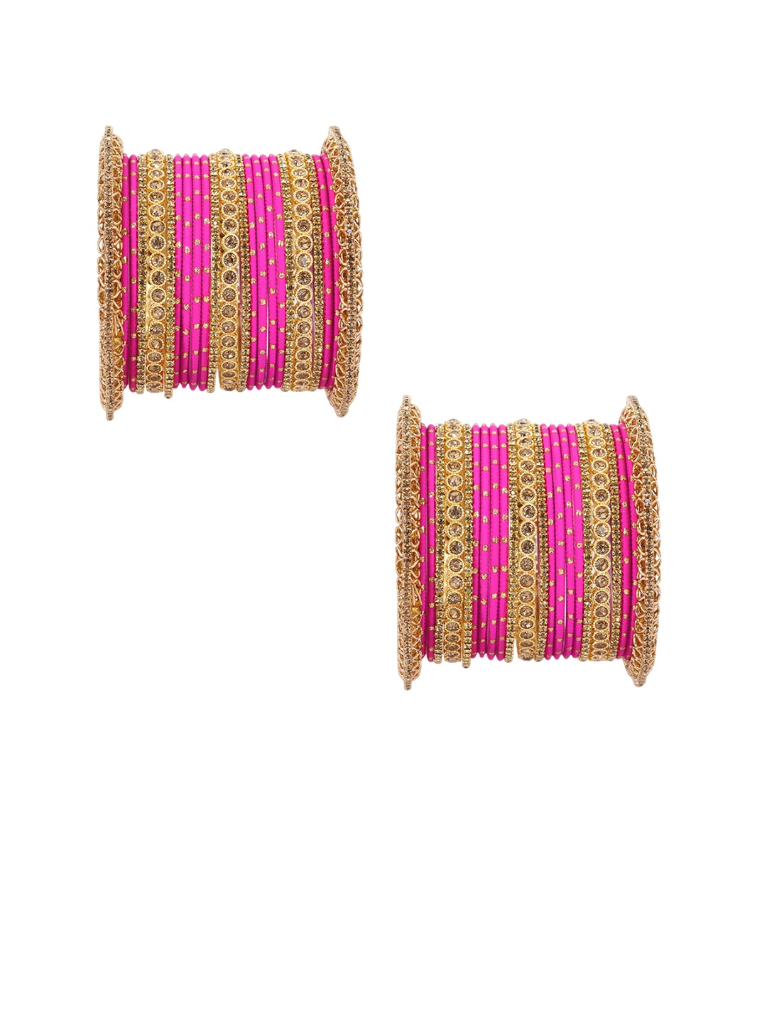 

ZULKA Set of 46 Zircon Gemstone Studded Zari Dotted Bangles, Pink