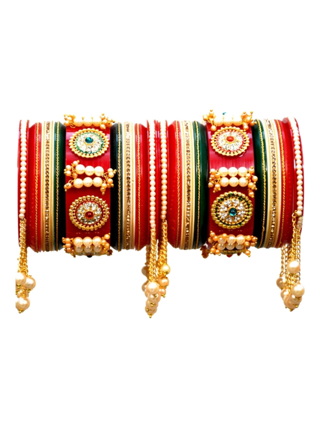 

Align Set of 2 Gold-Plated Artificial Stone- Studded & Beaded Chudas, Red
