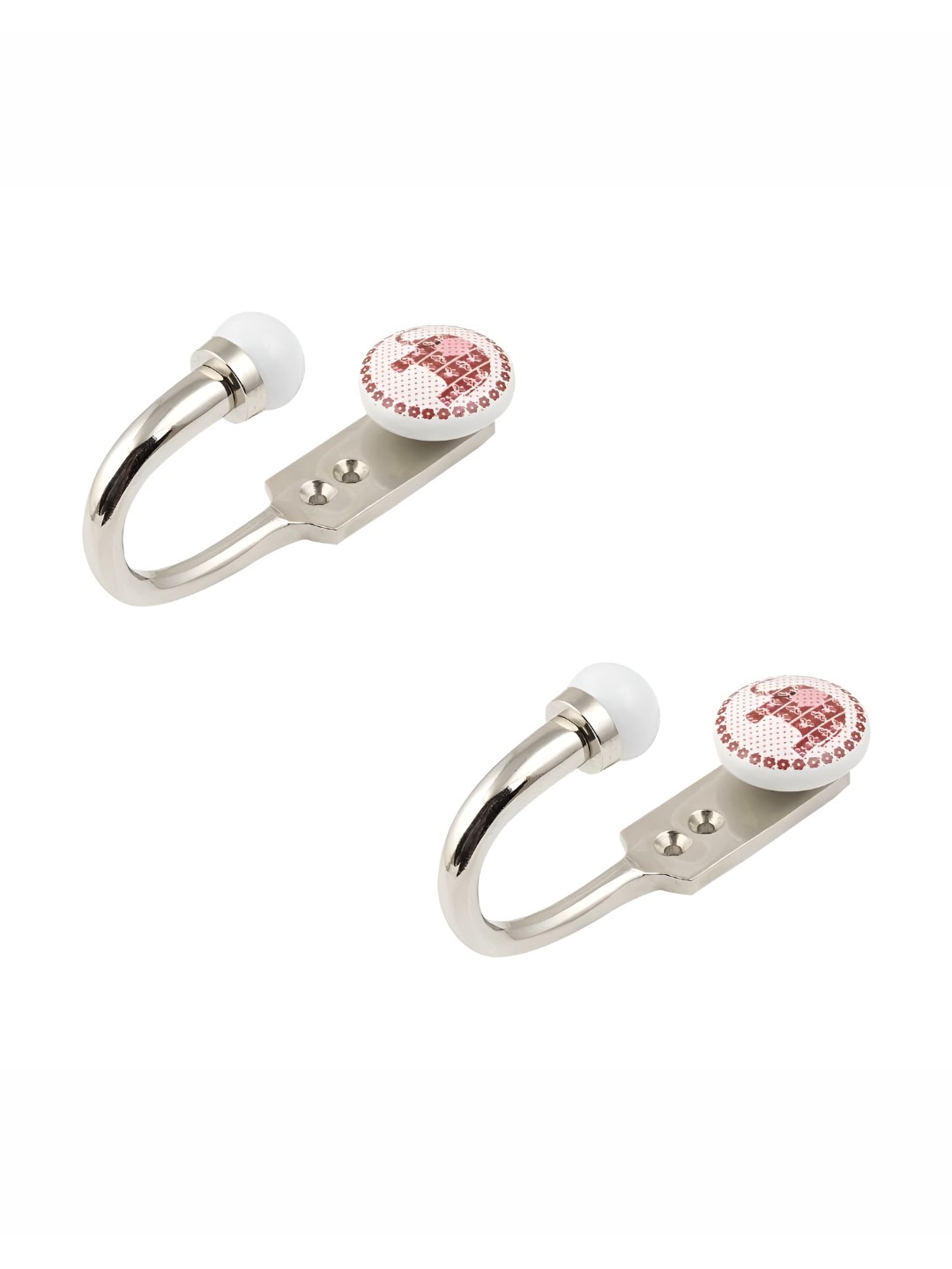 

IndianShelf Brown & White 2 Pieces Elephant Printed Ceramic Zinc Wall Hooks