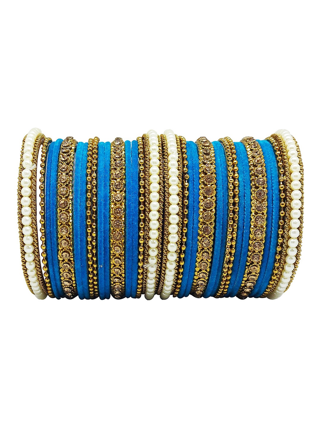 

CHRISHAN Set Of 32 Stone Studded & Beaded Fabric Bangles, Gold