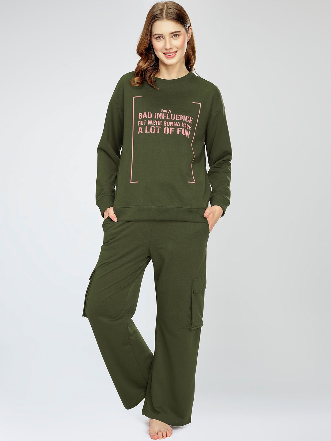 

Zeyo Women Printed Night suit, Olive