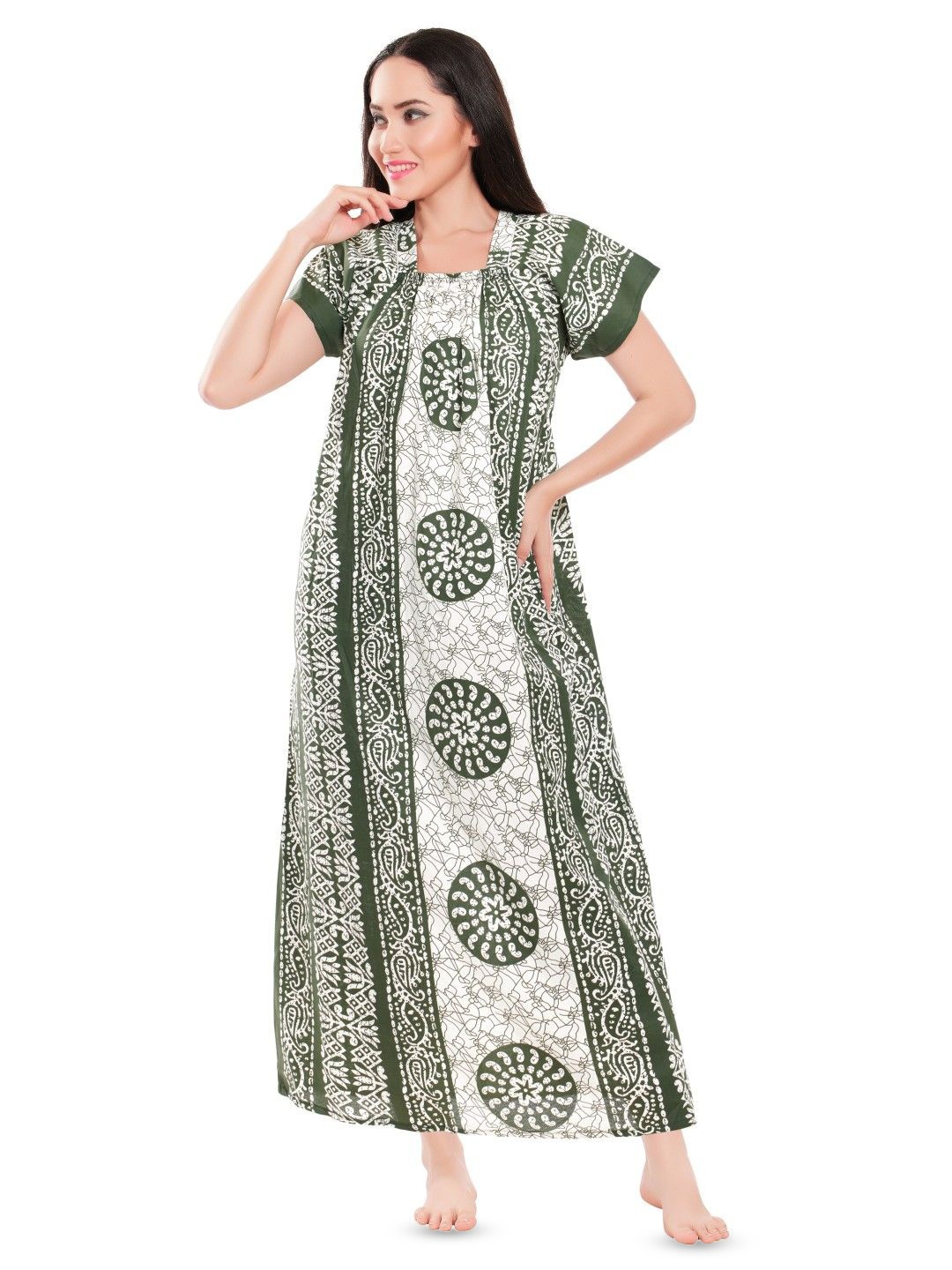 

Zionity Women Printed Maxi Nightdress, Green