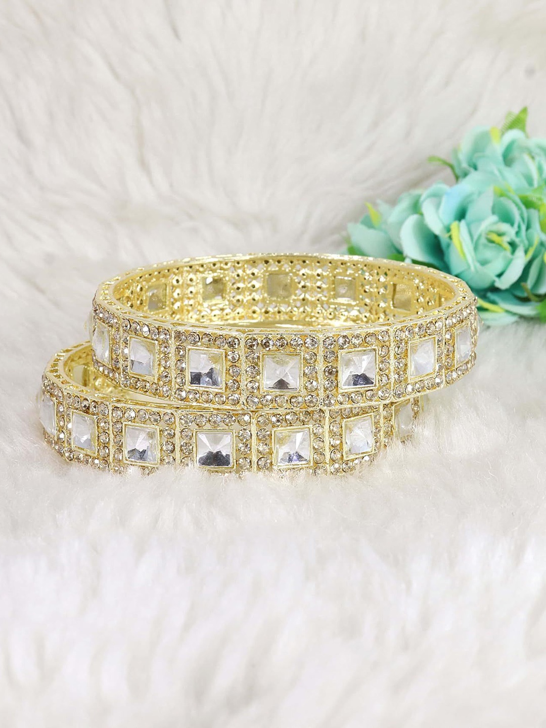 

ZULKA Set of 2 Gold-Plated Zircon & Kundan Studded Bangles