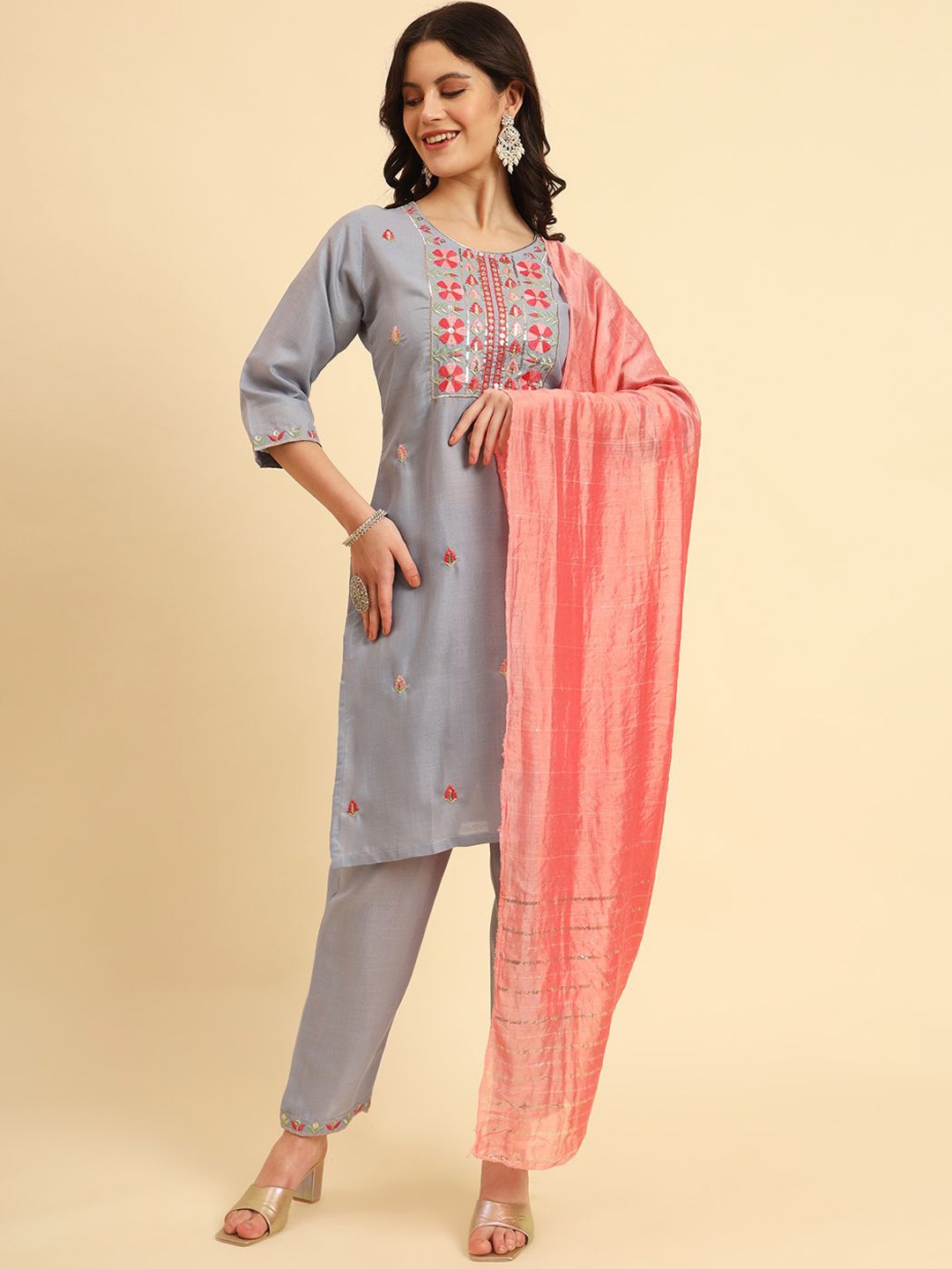 

HERE&NOW Floral Embroidered Regular Cotton Silk Straight Kurta with Trousers & Dupatta, Grey