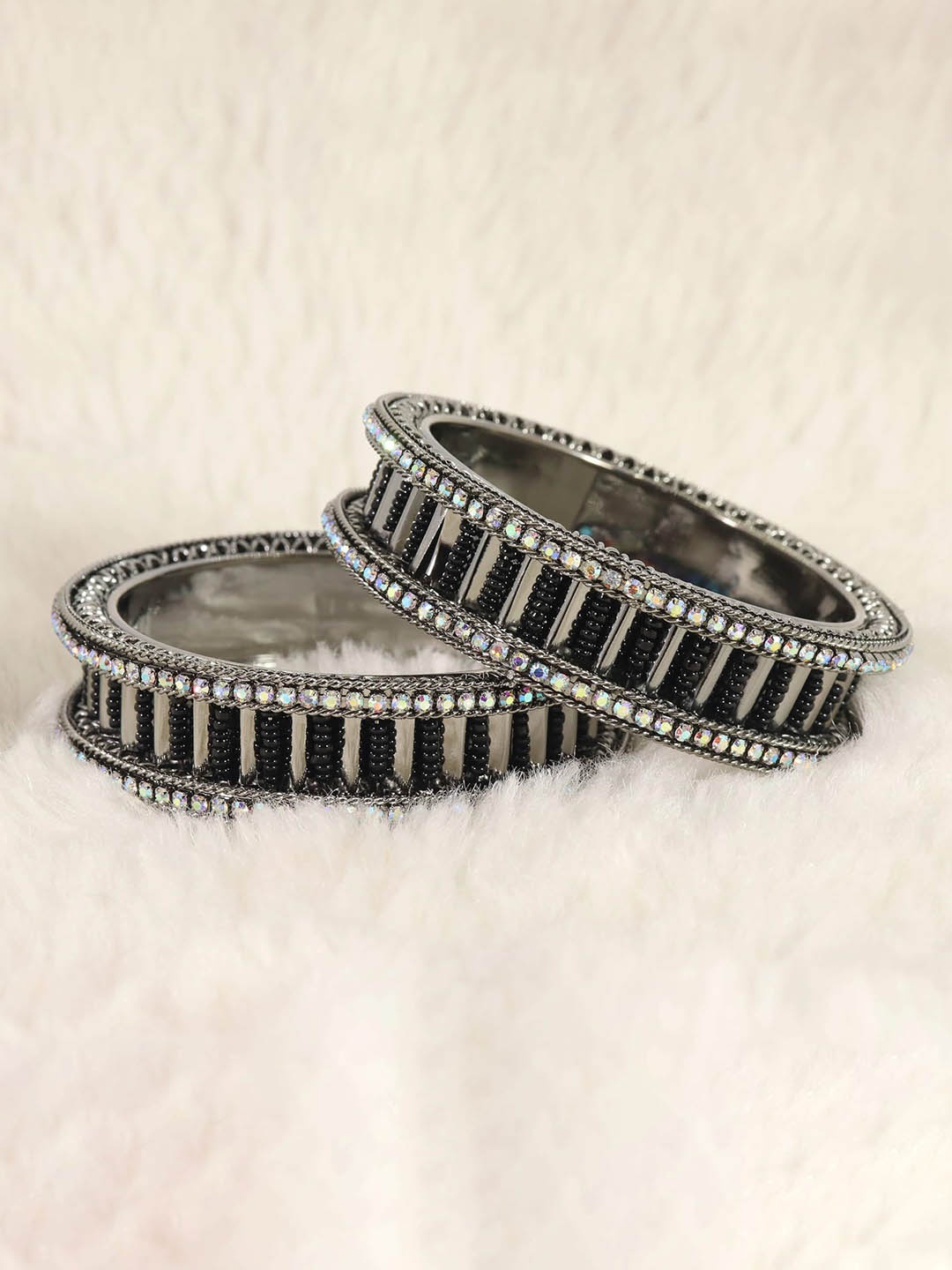 

ZULKA Set of 2 Women American Diamond Stone Studded Metal Kada Bangles, Black