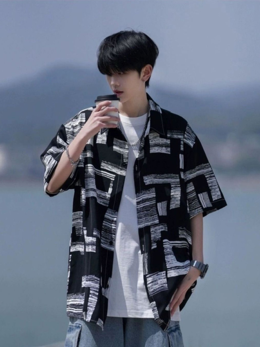 

HERE&NOW Men Original Abstract Printed Oversized Casual Shirt, Black