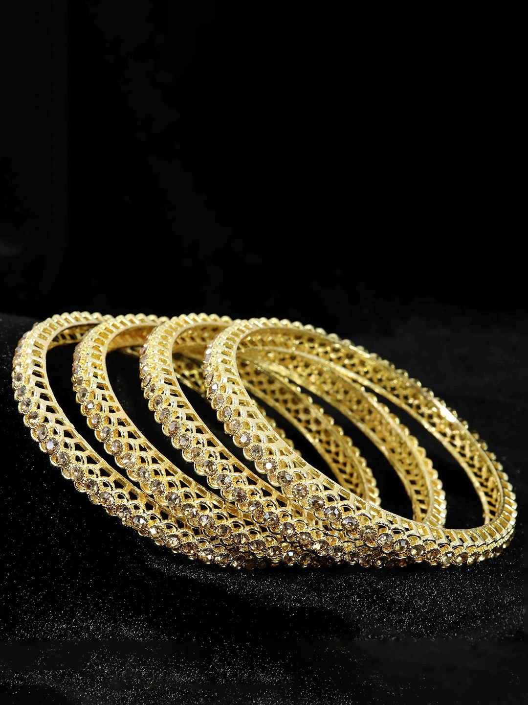 

ZULKA Set of 4 Gold Plated American Diamond Stone Studded Metal Bangles