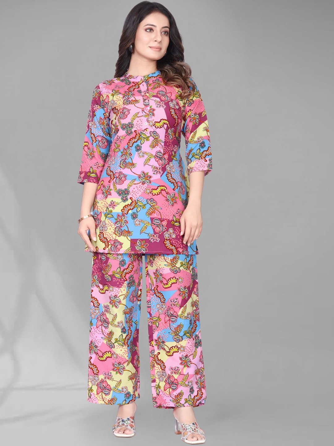 

Anouk Pink and Blue Mandarin Collar Printed Tunic With Trouser