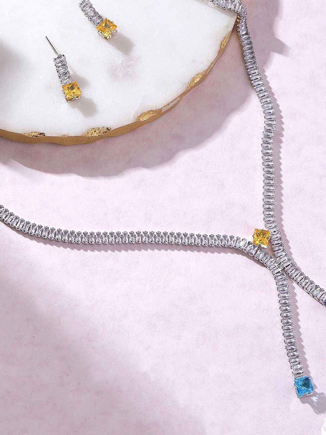 

ORANGENYSHA Rhodium-Plated American Diamond Studded Jewellery Set, Silver