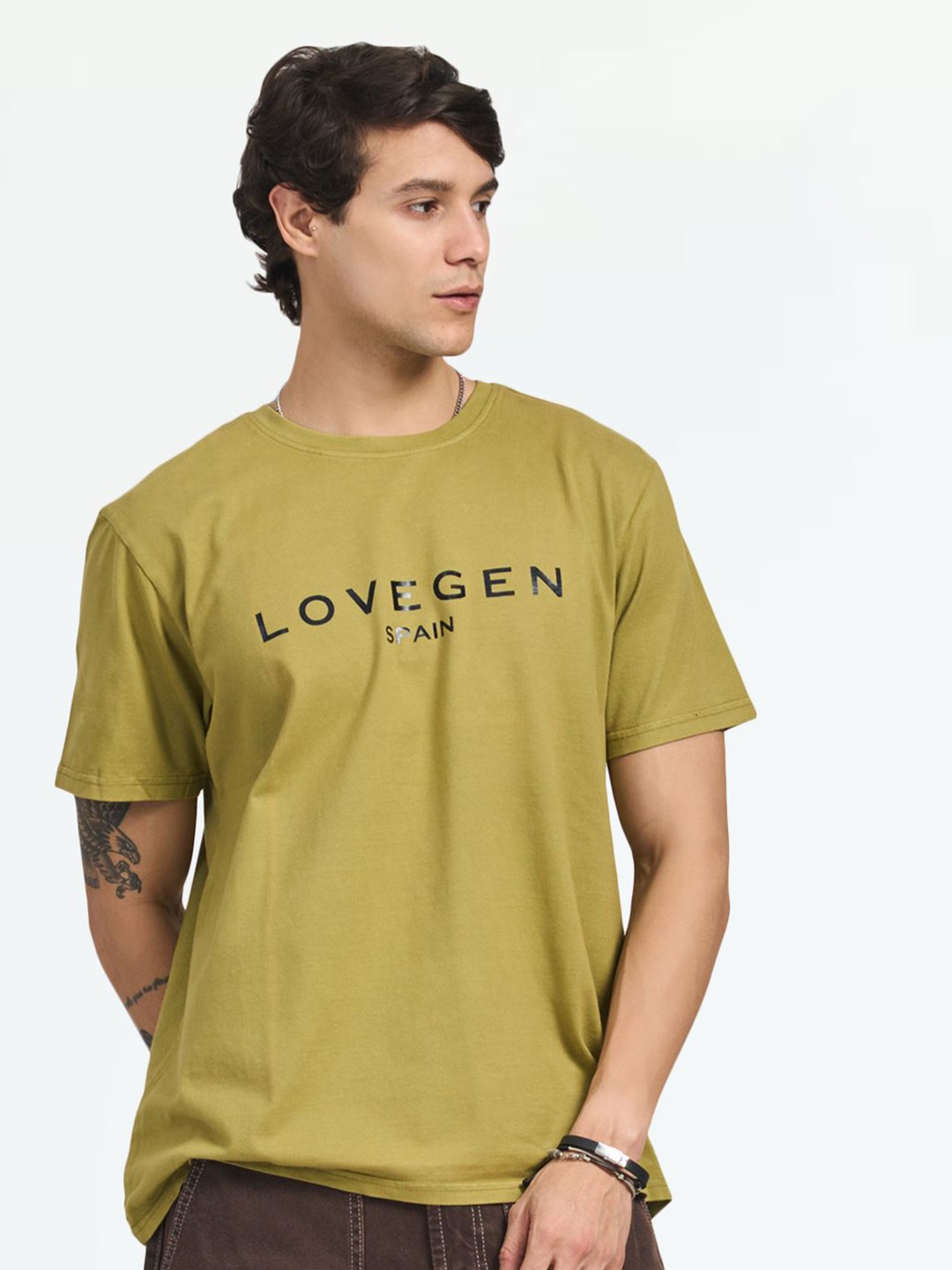 

LOVEGEN Men Typography Printed Round Neck Cotton Oversized T-shirt, Olive