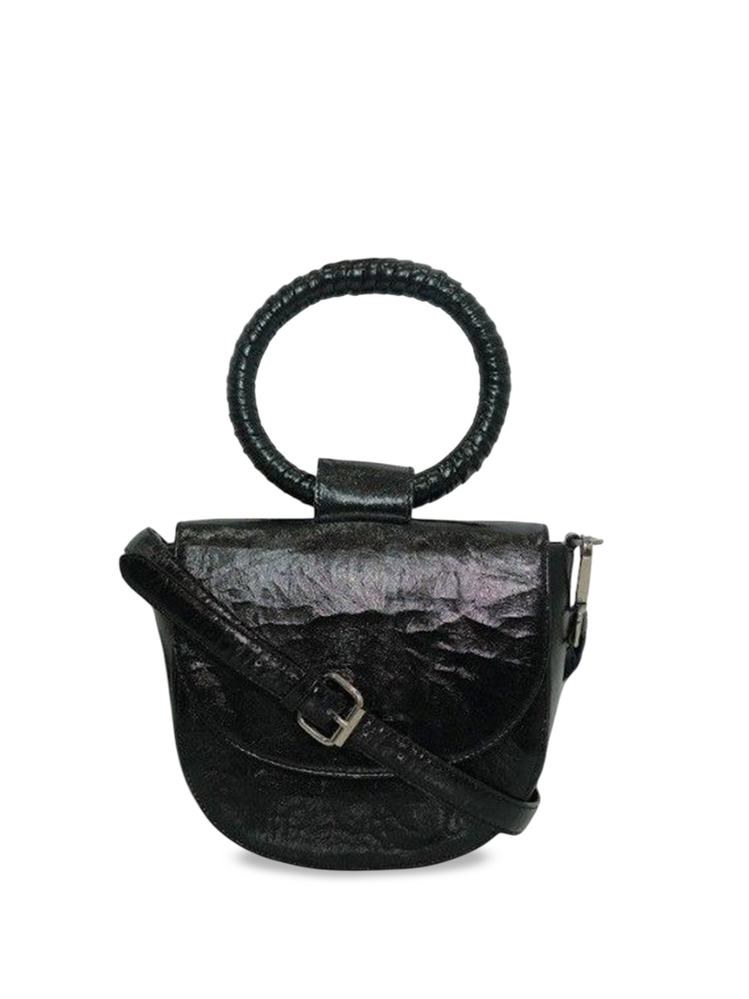 

PERKED Women Textured Half Moon Leather Sling Bag, Black