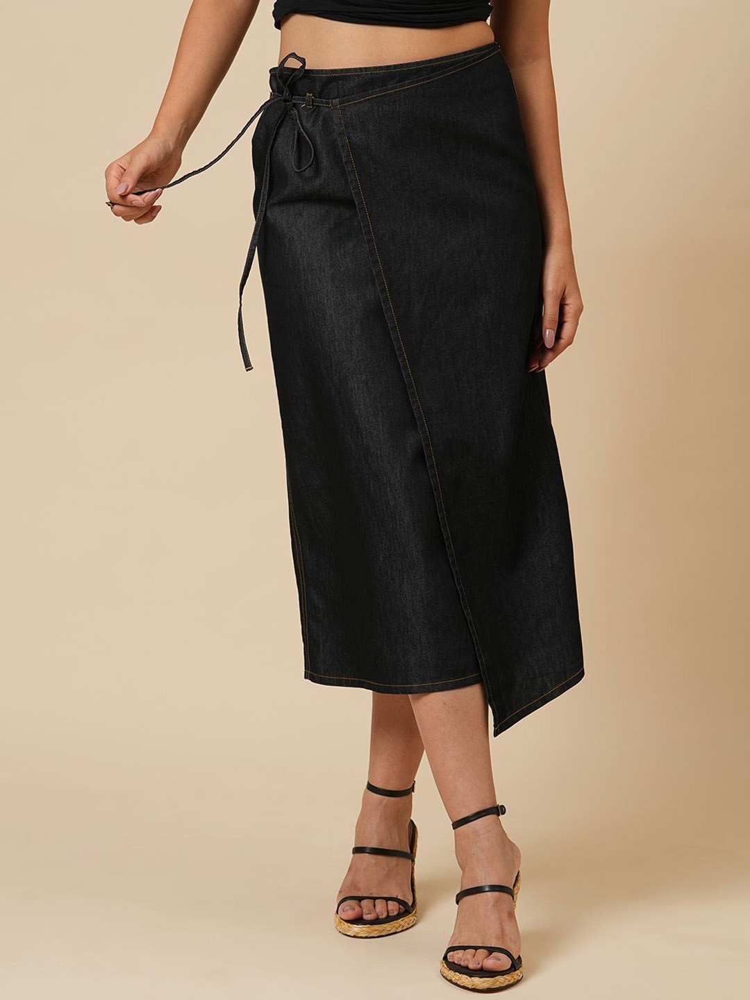 

Chemistry Women Denim Faux Wrap Midi Skirt, Black
