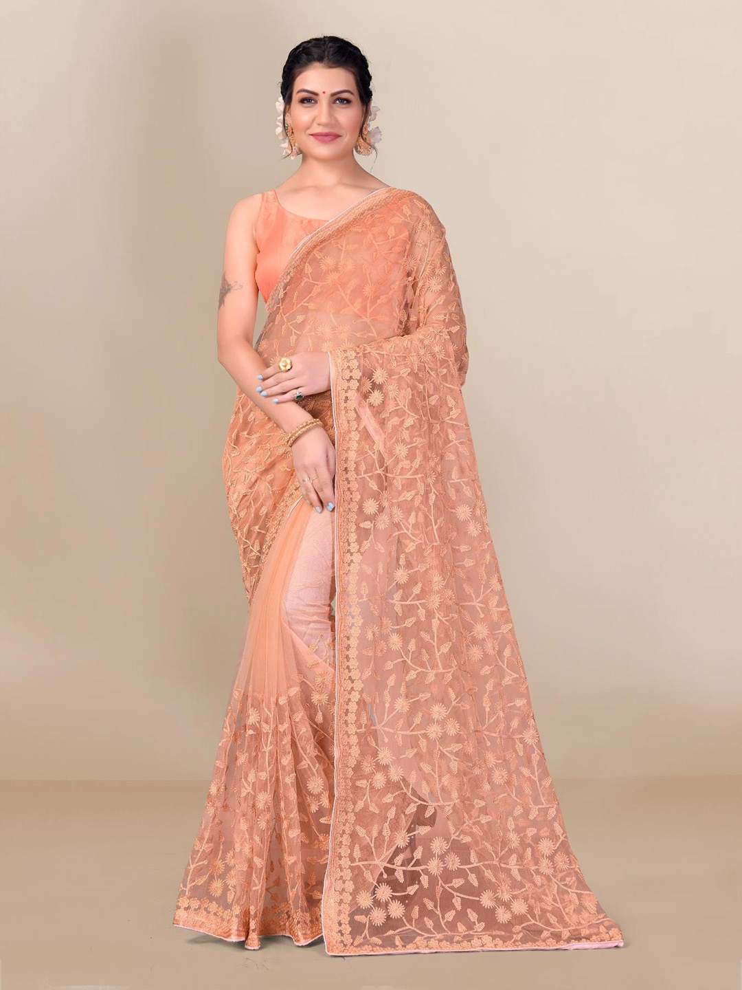 

HERE&NOW Floral Embroidered Net Saree, Copper