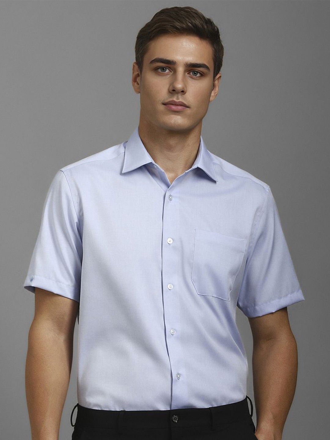

Louis Philippe Men Classic Spread Collar Solid Cotton Formal Shirt, Blue
