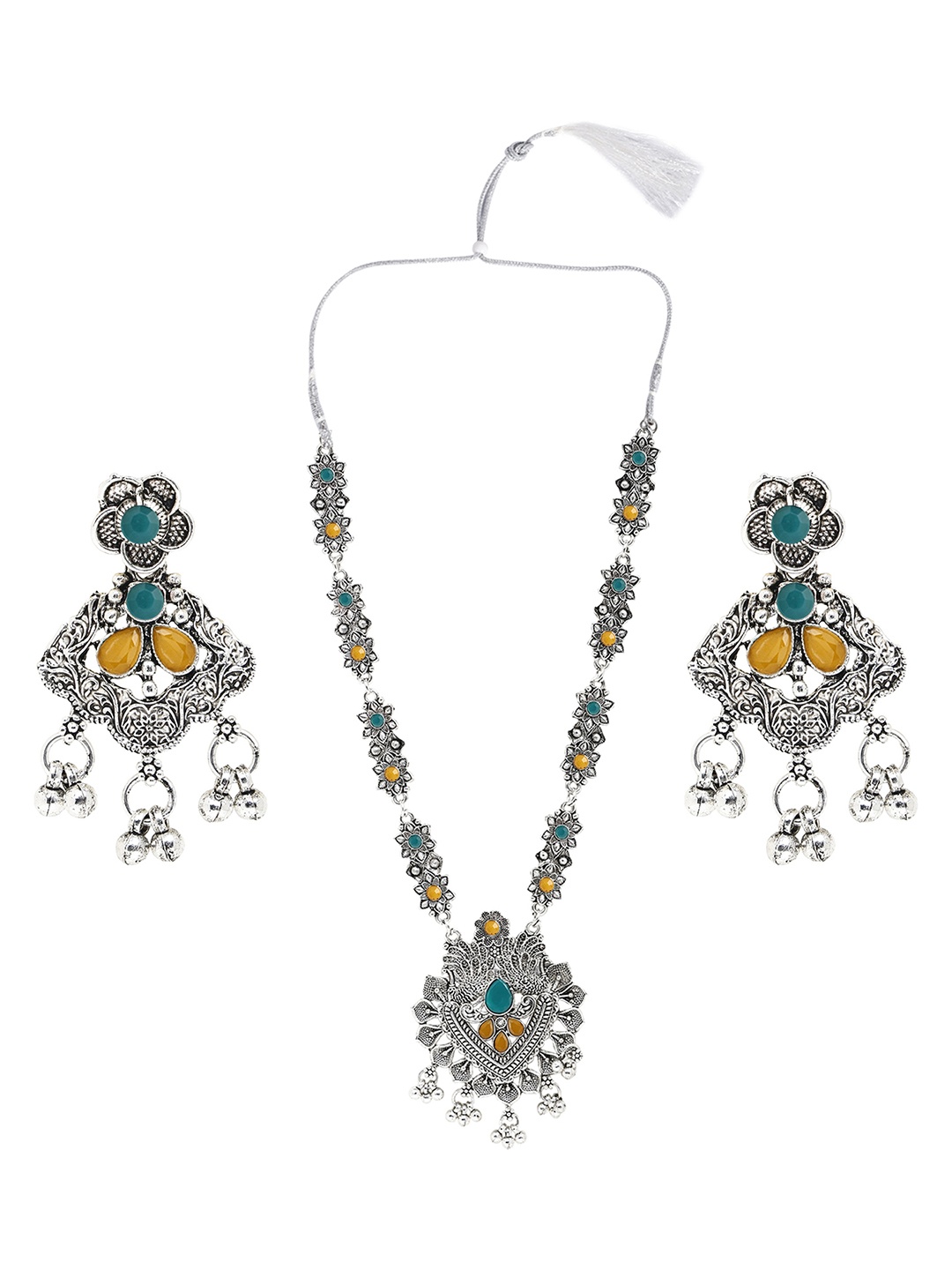 

SUNHARI Stone Studded & Beaded Necklace & Earrings, Silver