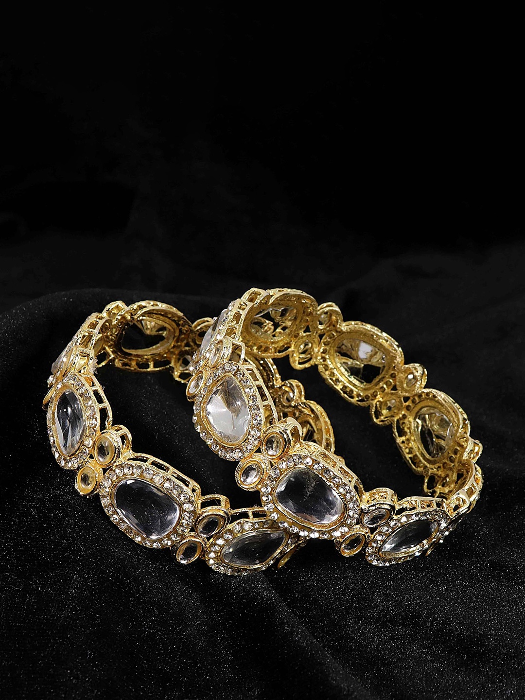 

ZULKA Set of 2 Fancy Metal Zircon Stone & Kundan Mirror Work Bangles, Gold