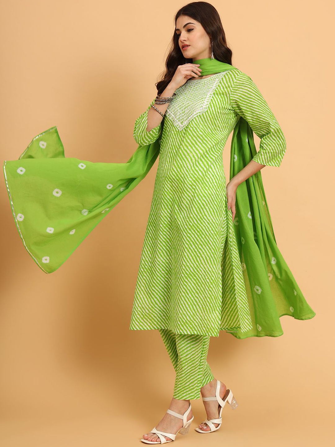 

KALINI Leheriya Printed Mirror Work Pure Cotton Straight Kurta with Trousers & Dupatta, Green