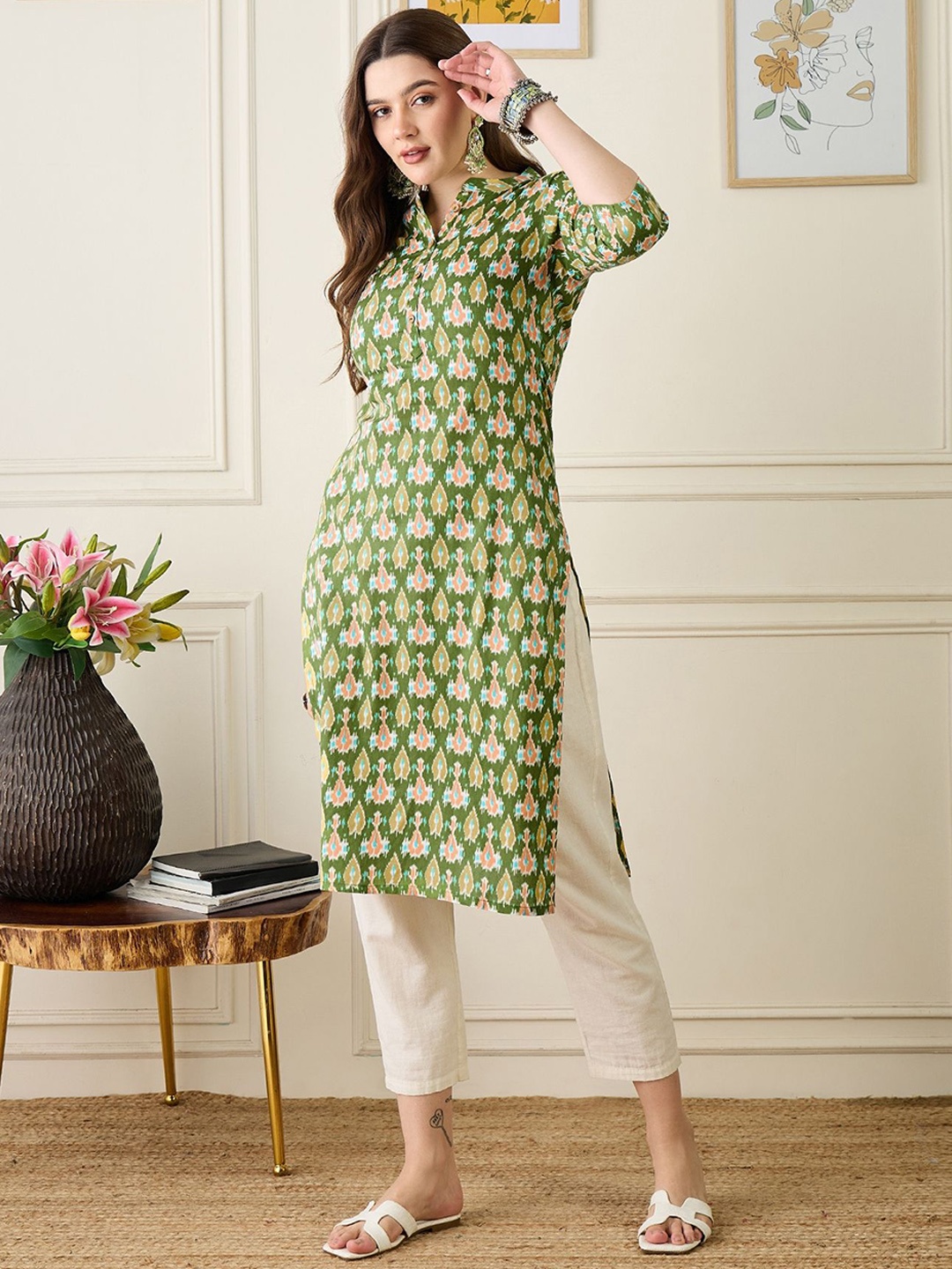 

Anouk Women Geometric Printed Mandarin Collar Pure Cotton Kurta, Green