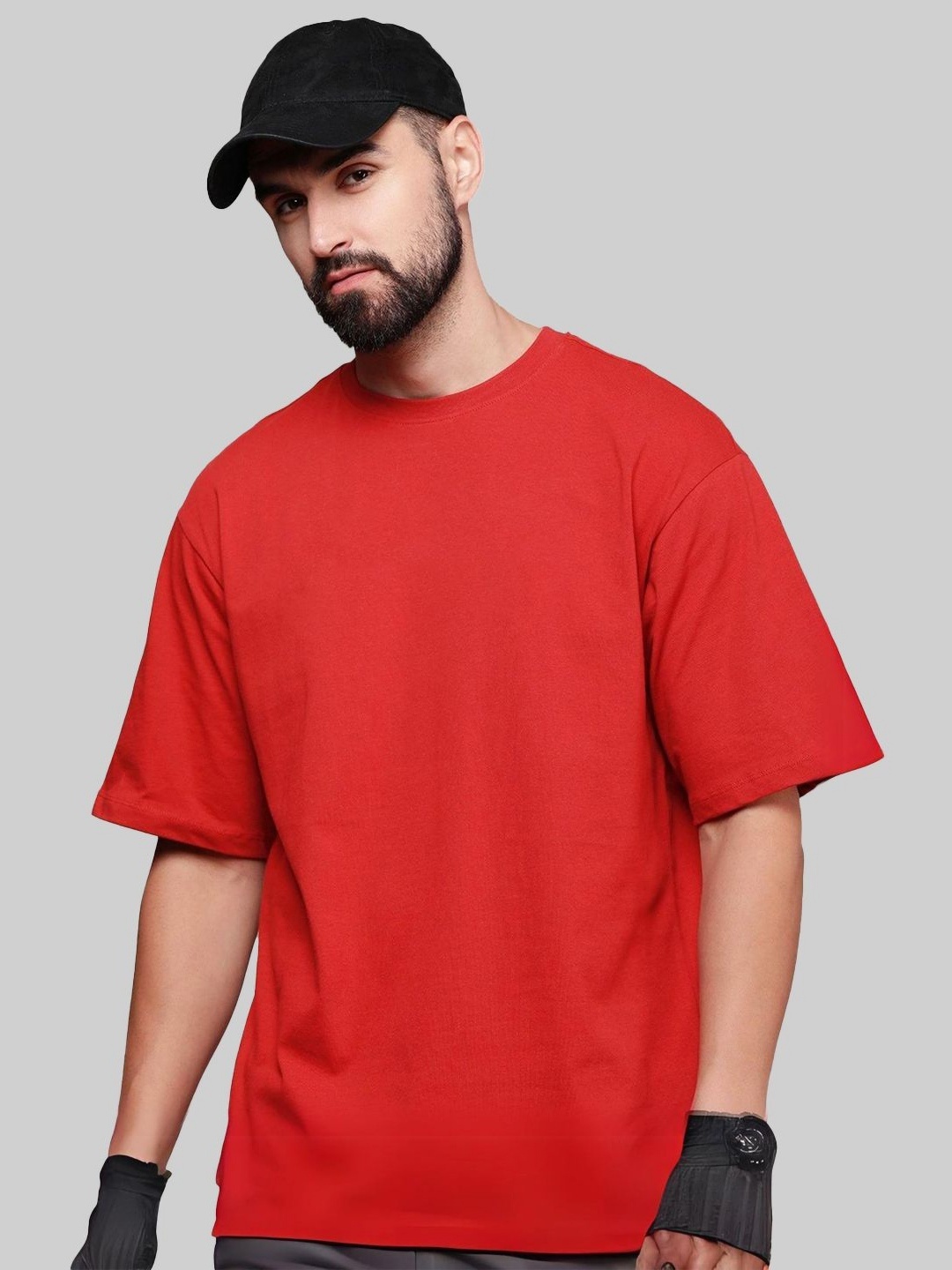 

Leotude Men Solid Round Neck Cotton Oversized T-shirt, Coral