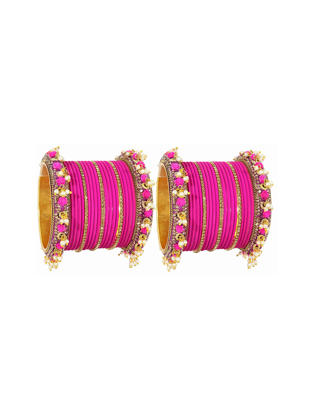

ZULKA Set of 42 Non-Precious Metal Base with Zircon Gemstone and Beaded Latkan Pattern, Pink