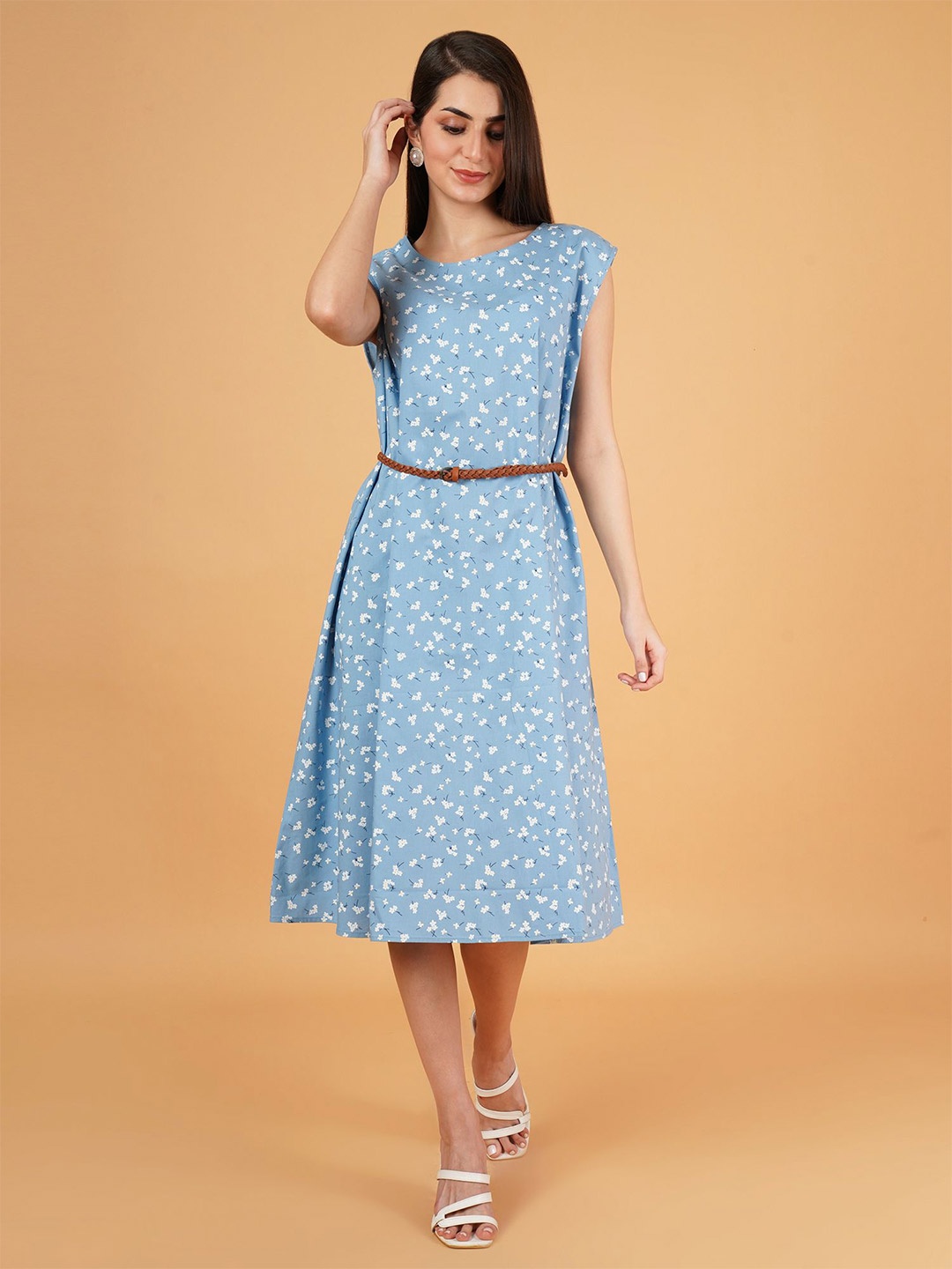 

IX IMPRESSION Women Cotton Floral Print A-Line Midi Dress, Blue