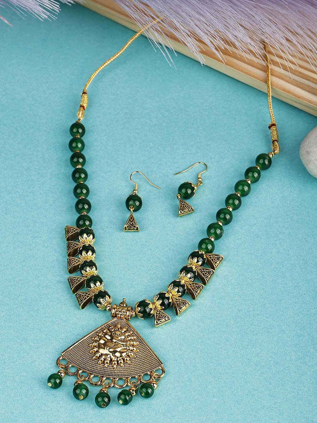 

SUNHARI Gold-Plated Beaded Necklace & Earrings, Green