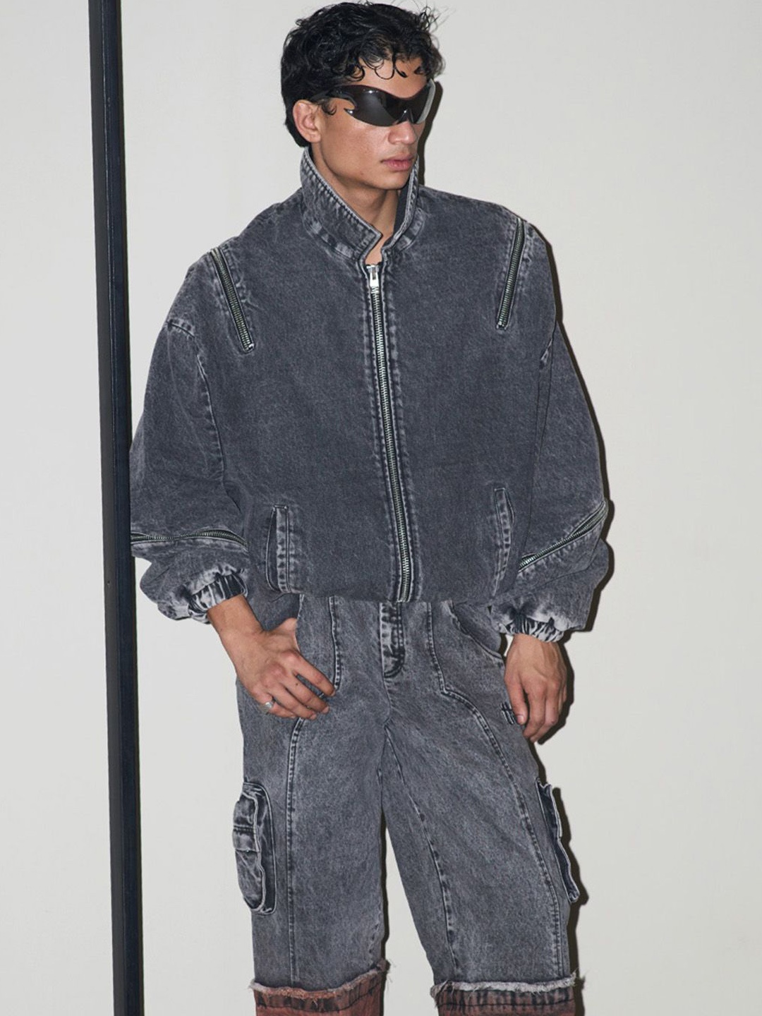 

the Misnomer Unisex Washed Polyester Longline Denim Jacket, Grey