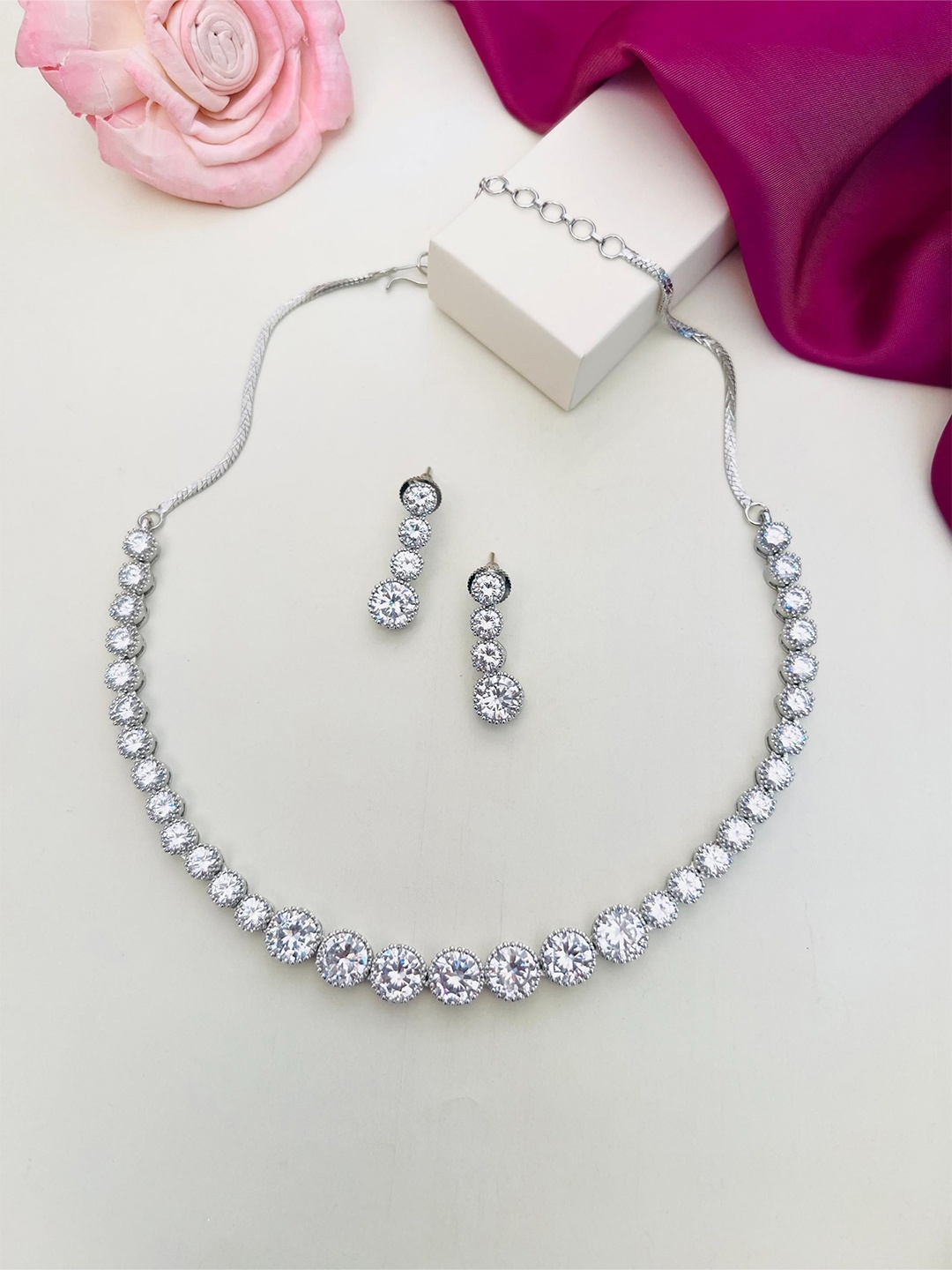 

ABDESIGNS Enchanting Silver-Plated American Diamond-Studded Jewellery Set